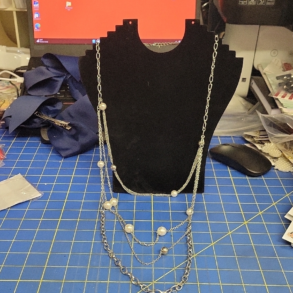 4 Strand Layered Silver Chain Necklace with Faux Pearls